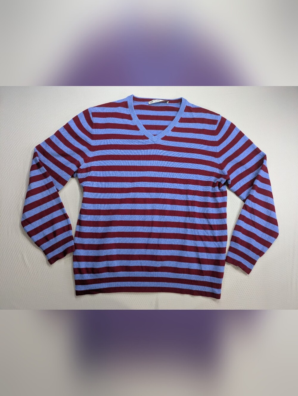 MR TURK MEN'S RED BLUE STRIPED PULLOVER V NECK SWEATER CASHMERE WOOL SIZE M